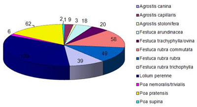 RSM Rasen 2011 aufgeführte Gräserarten und Anzahl der geprüften Sorten