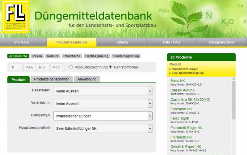 FLL-Düngemittleldatenbank zur Selektion geeigneter NK-Herbstdünger für den Rasen.