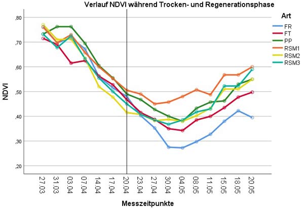Mittlere NDVI-Werte von Einzelarten und Mischungen zur Beurteilung der Vitalität der Gräser während der Trocken – und Regenerationsphase im Versuchsverlauf.