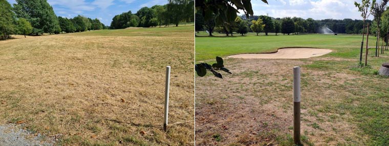 Rasenflächen auf dem Golfplatz, ausgetrocknetes Hard-Rough ohne Beregnung (li.) und beregnete Funktionsfläche Fairway sowie vorne Semi-Rough ohne (re).