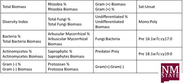 Tabelle: Ermittlung diverser Paramater in USA zur lebenden mikrobiellen Gesamt-Biomasse bei Rasenflächen mittels Phospholipid-Fettsäure
