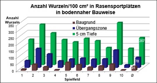 Anzahl Wurzeln in verschiedenen Tiefen bei Rasensportplätzen in bodennahen Bauweisen